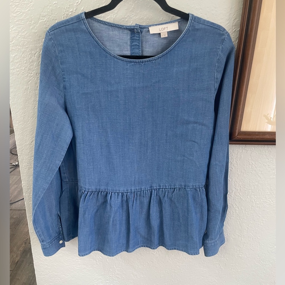 LOFT Small Blue Denim-Style Peplum Long Sleeve Top